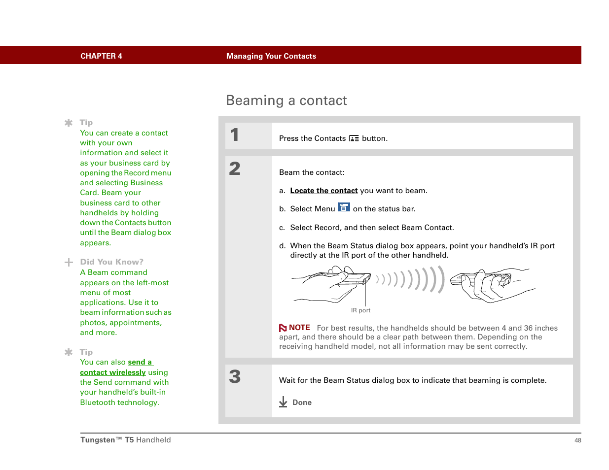 Beaming a contact | Palm Tungsten T5 User Manual | Page 57 / 172