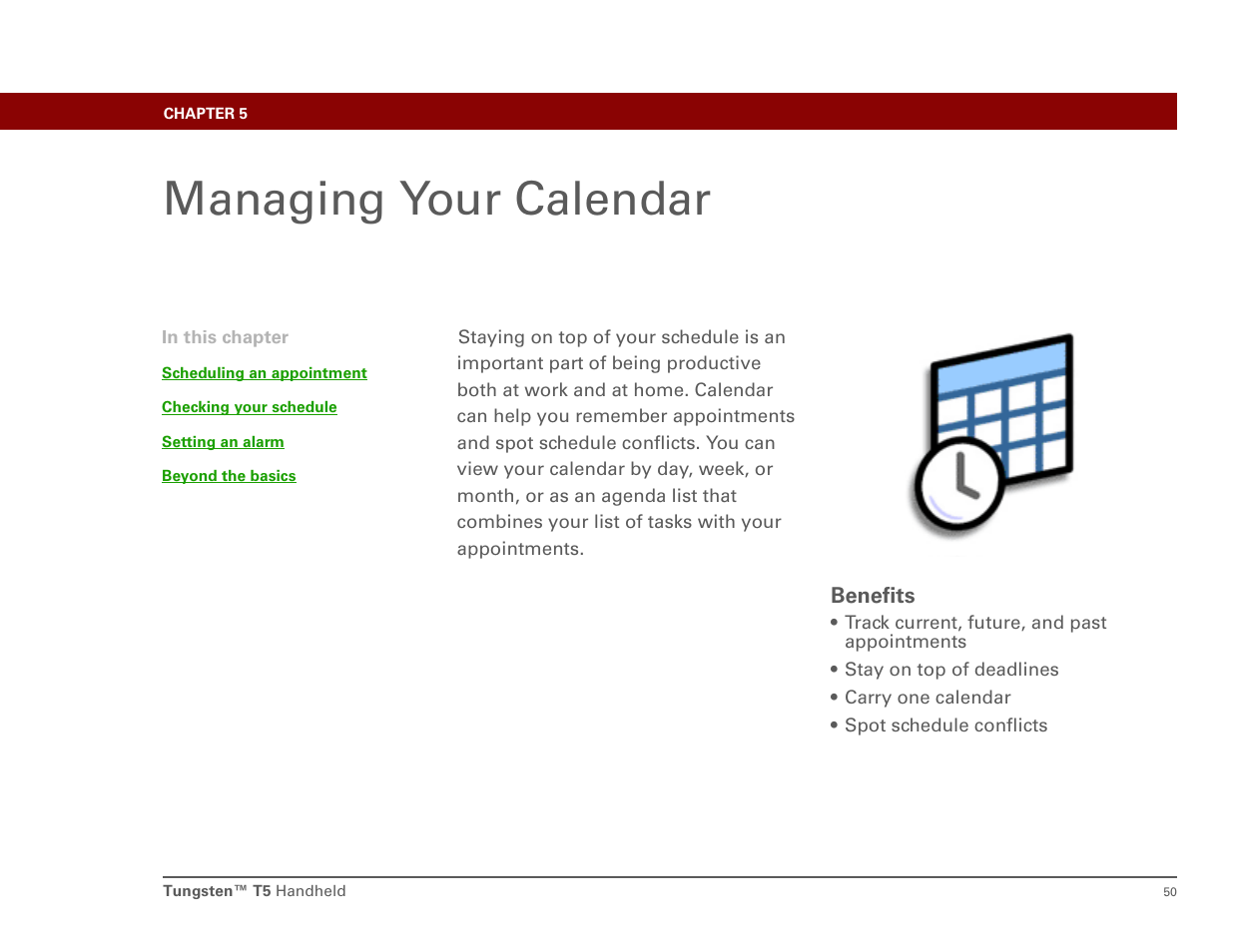 Managing your calendar, Chapter 5: managing your calendar | Palm Tungsten T5 User Manual | Page 59 / 172