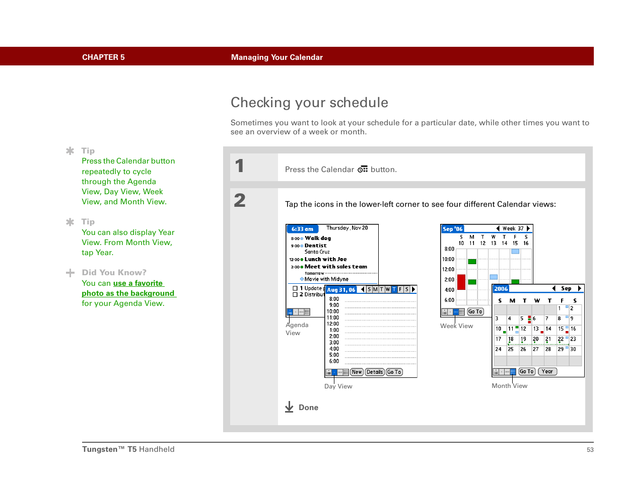 Checking your schedule | Palm Tungsten T5 User Manual | Page 62 / 172