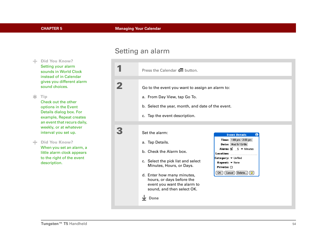 Setting an alarm | Palm Tungsten T5 User Manual | Page 63 / 172