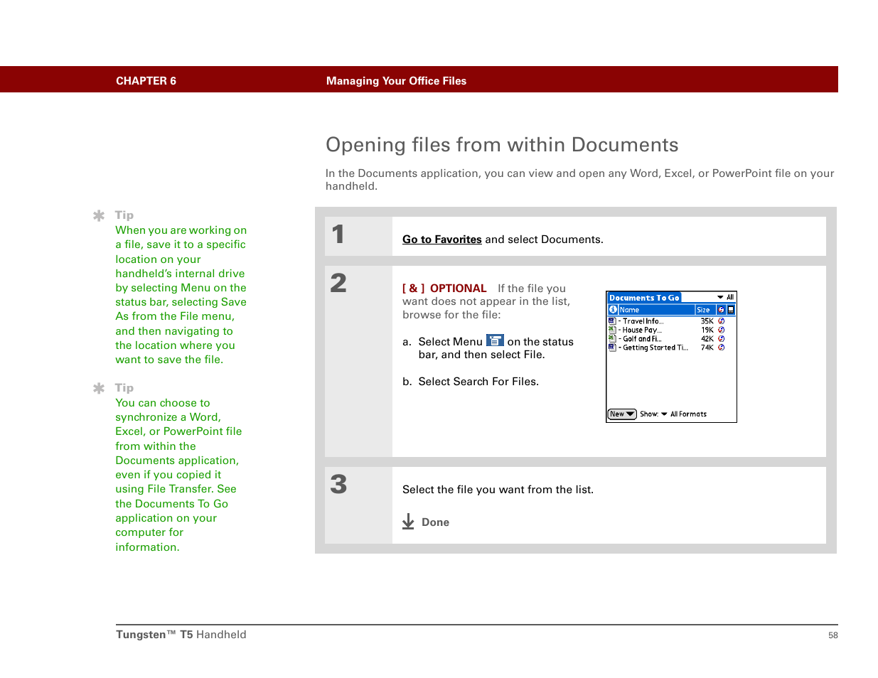 Opening files from within documents | Palm Tungsten T5 User Manual | Page 67 / 172