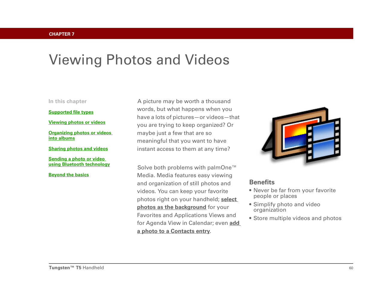 Viewing photos and videos, Chapter 7: viewing photos and videos | Palm Tungsten T5 User Manual | Page 69 / 172