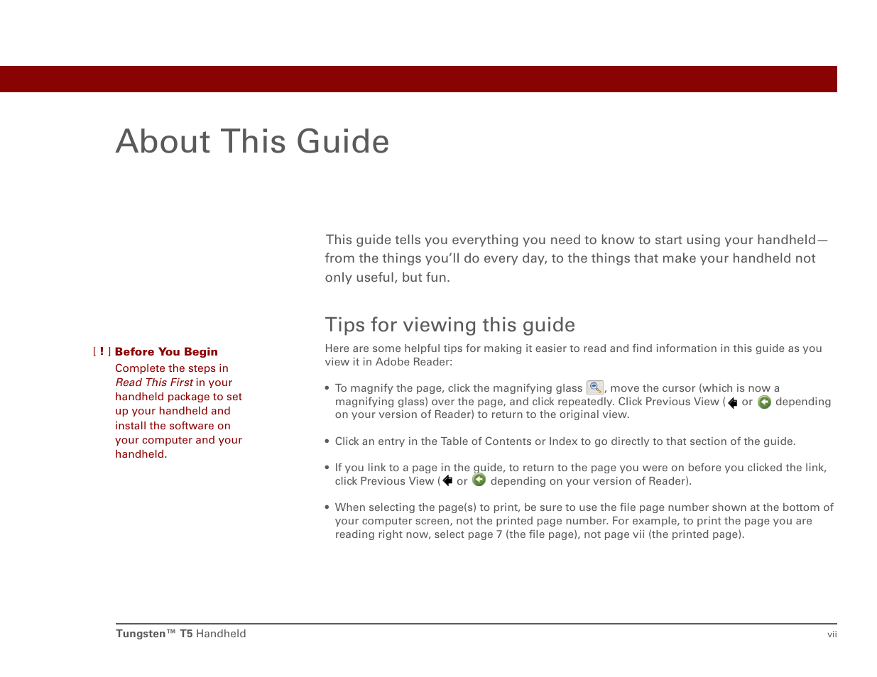 About this guide, Tips for viewing this guide | Palm Tungsten T5 User Manual | Page 7 / 172