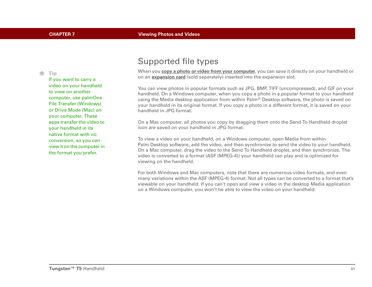 Supported file types | Palm Tungsten T5 User Manual | Page 70 / 172