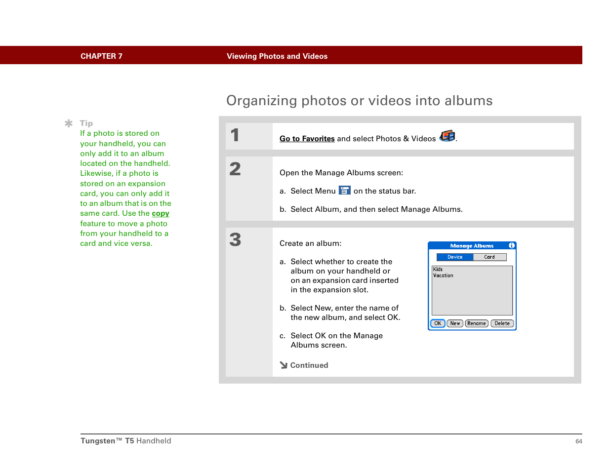 Organizing photos or videos into albums | Palm Tungsten T5 User Manual | Page 73 / 172