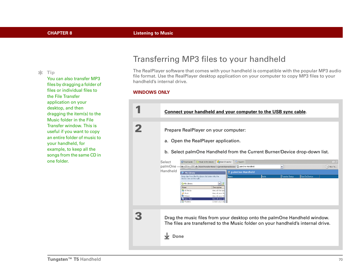 Transferring mp3 files to your handheld | Palm Tungsten T5 User Manual | Page 79 / 172