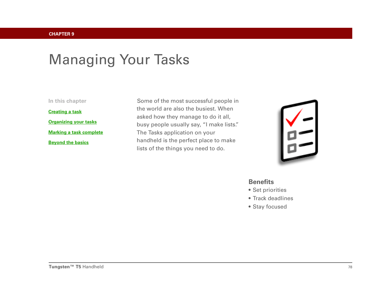 Managing your tasks, Chapter 9: managing your tasks | Palm Tungsten T5 User Manual | Page 87 / 172