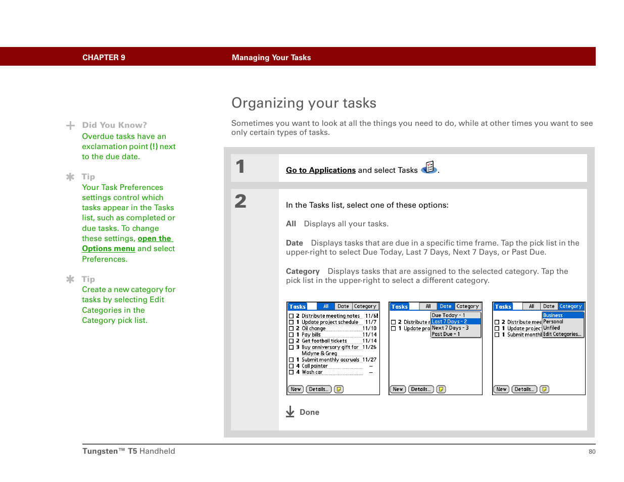 Organizing your tasks | Palm Tungsten T5 User Manual | Page 89 / 172