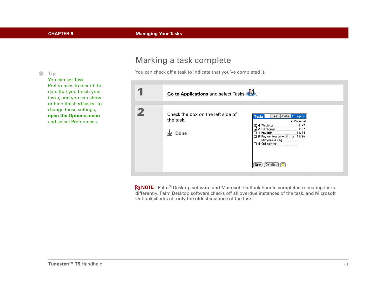 Marking a task complete | Palm Tungsten T5 User Manual | Page 90 / 172