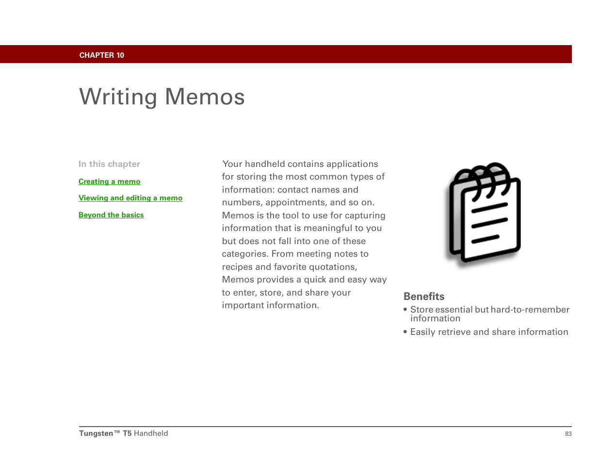 Writing memos, Chapter 10: writing memos | Palm Tungsten T5 User Manual | Page 92 / 172