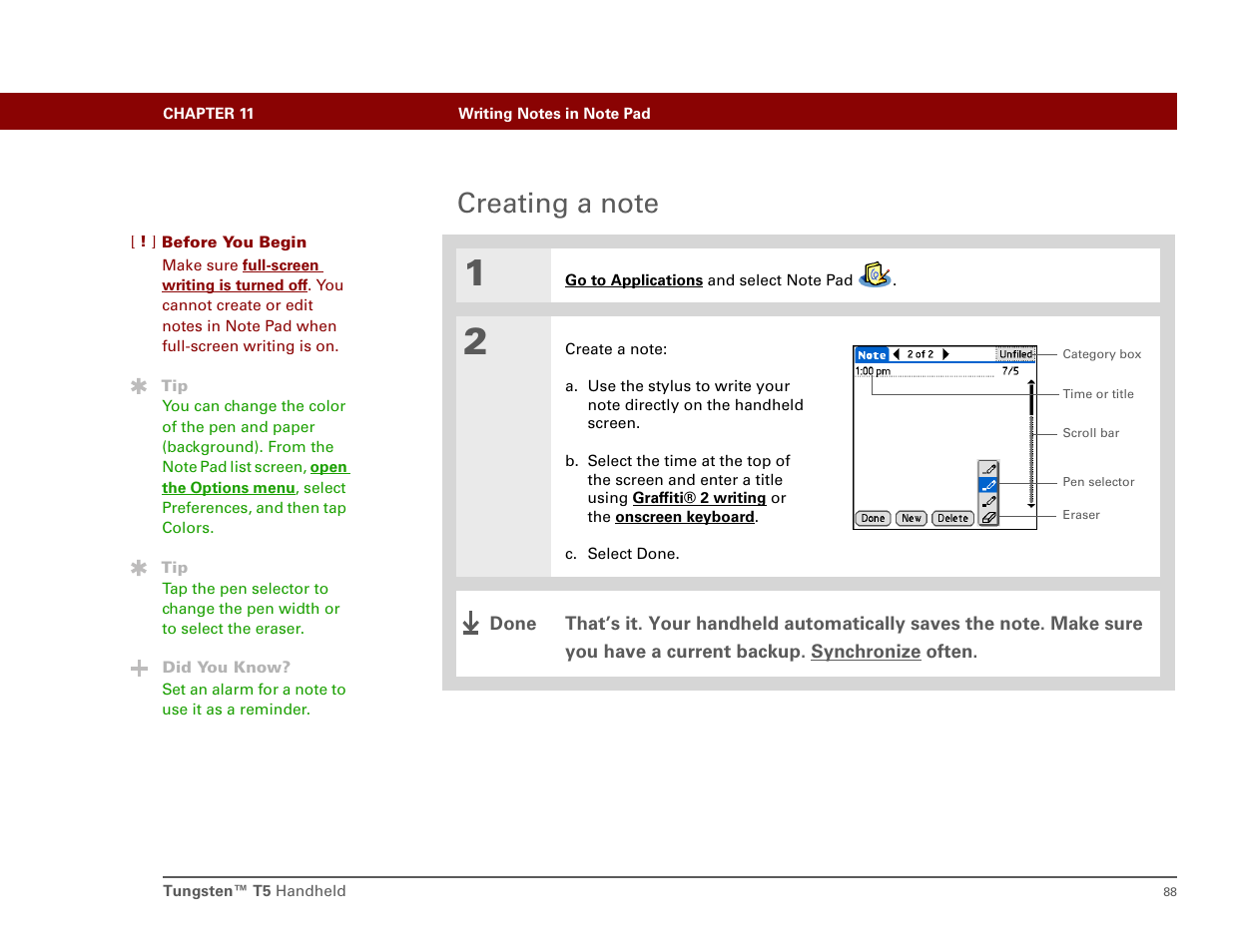 Creating a note | Palm Tungsten T5 User Manual | Page 97 / 172