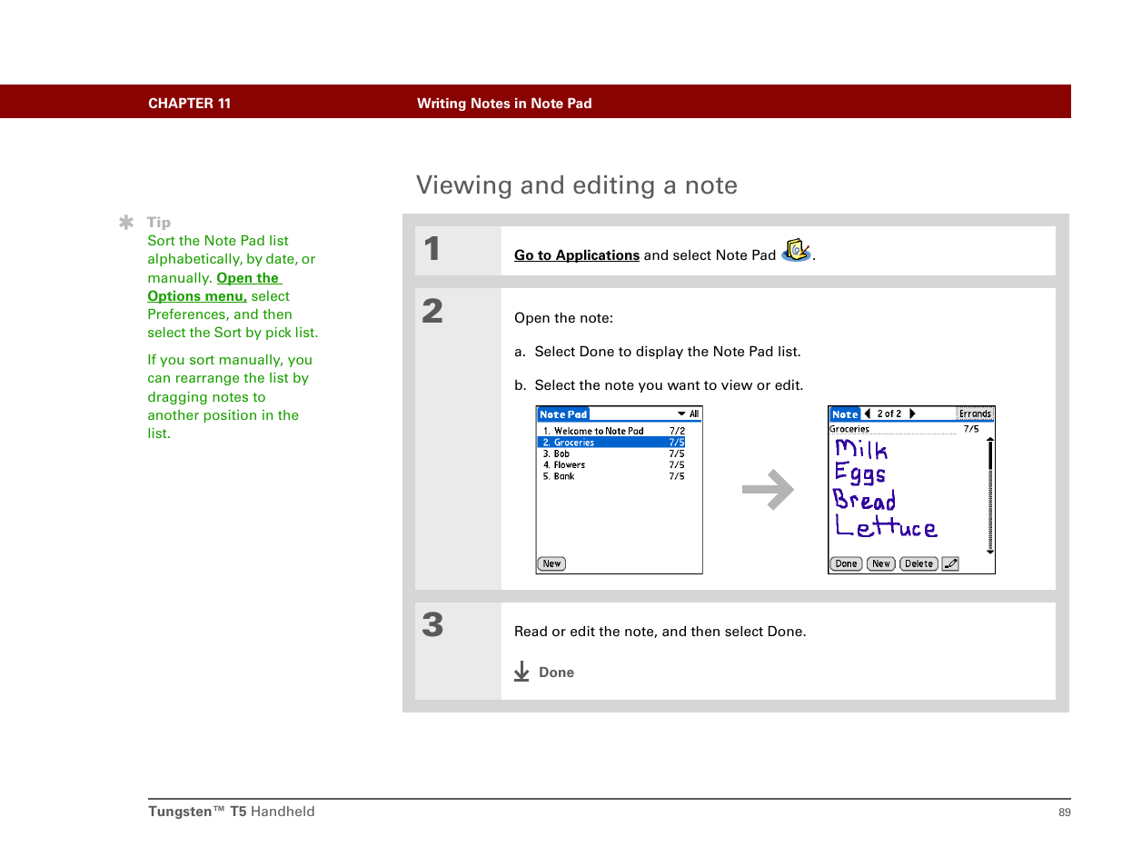 Viewing and editing a note | Palm Tungsten T5 User Manual | Page 98 / 172