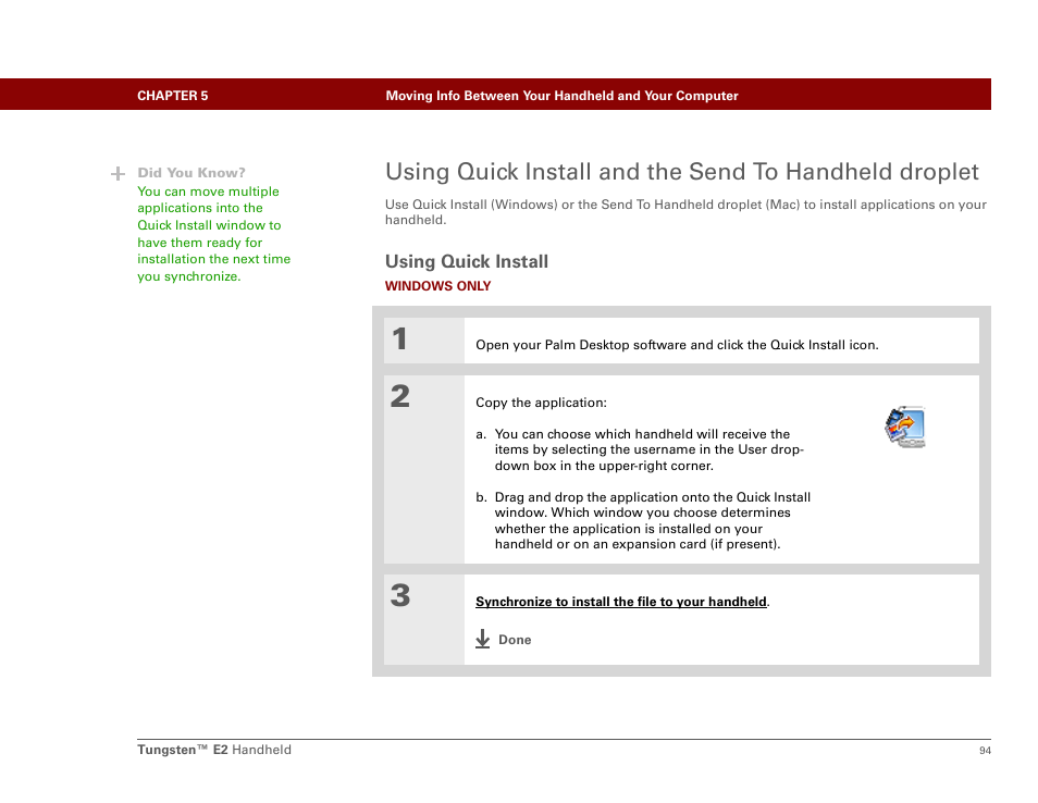 Using quick install, Palmone™ quick install to | Palm E2 User Manual | Page 115 / 653