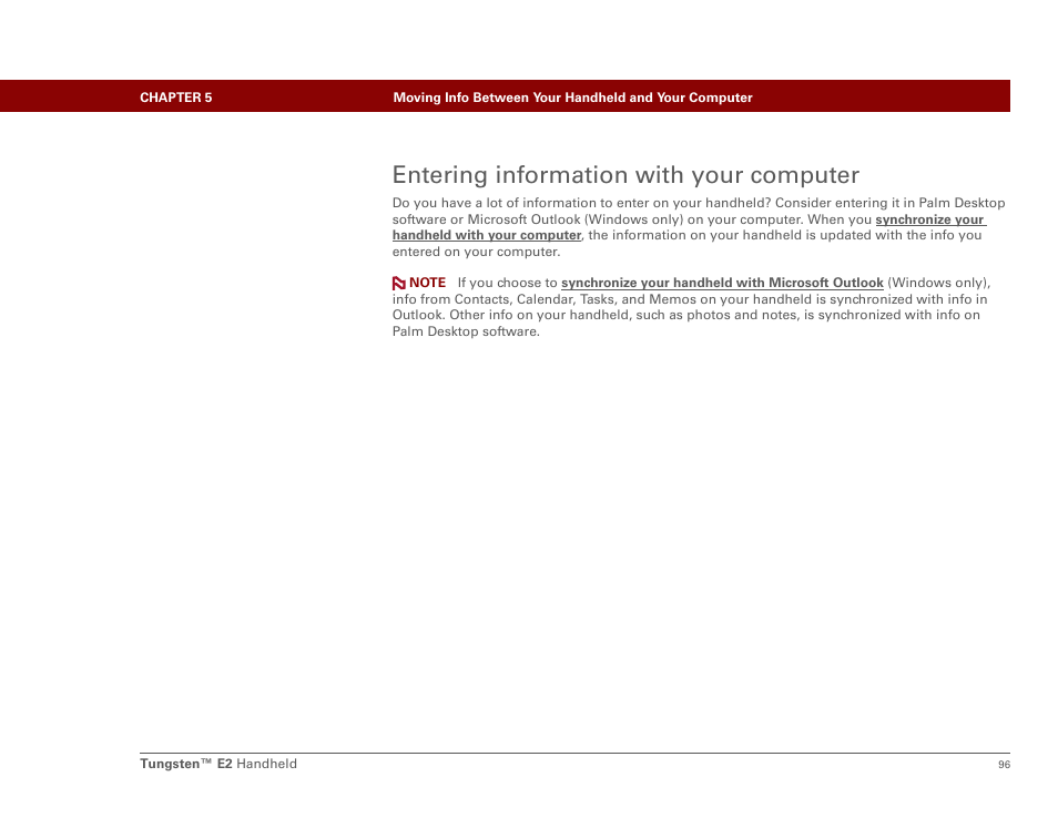 Entering information with your computer | Palm E2 User Manual | Page 117 / 653