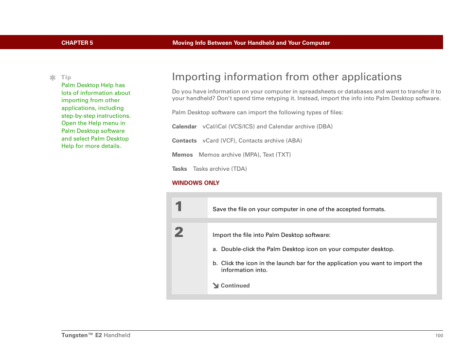 Importing information from other applications | Palm E2 User Manual | Page 121 / 653