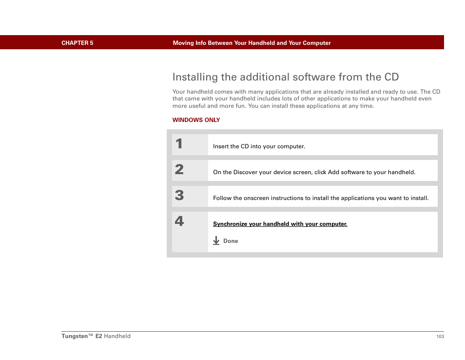 Installing the additional software from the cd | Palm E2 User Manual | Page 124 / 653