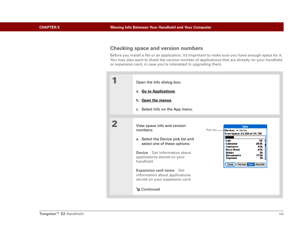 Checking space and version numbers | Palm E2 User Manual | Page 126 / 653