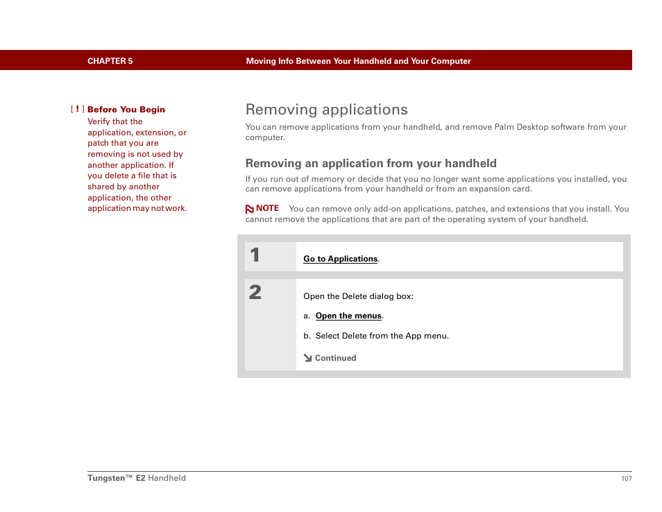 Removing applications, Removing an application from your handheld | Palm E2 User Manual | Page 128 / 653