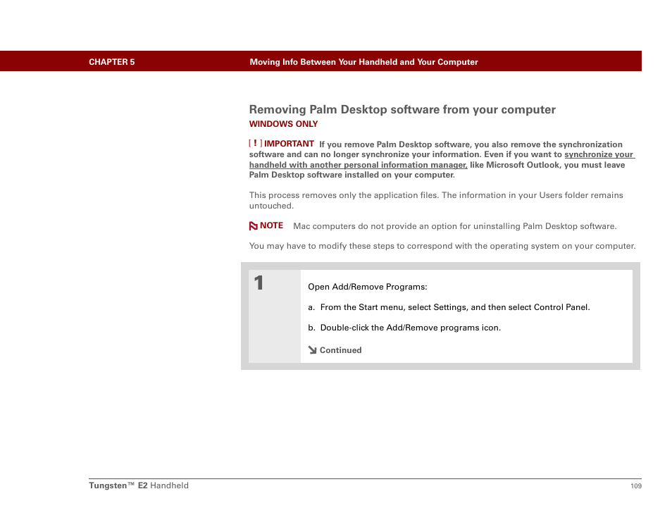 Removing palm desktop software from your computer | Palm E2 User Manual | Page 130 / 653