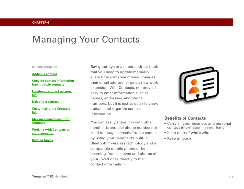 Managing your contacts, Chapter 6: managing your contacts | Palm E2 User Manual | Page 133 / 653