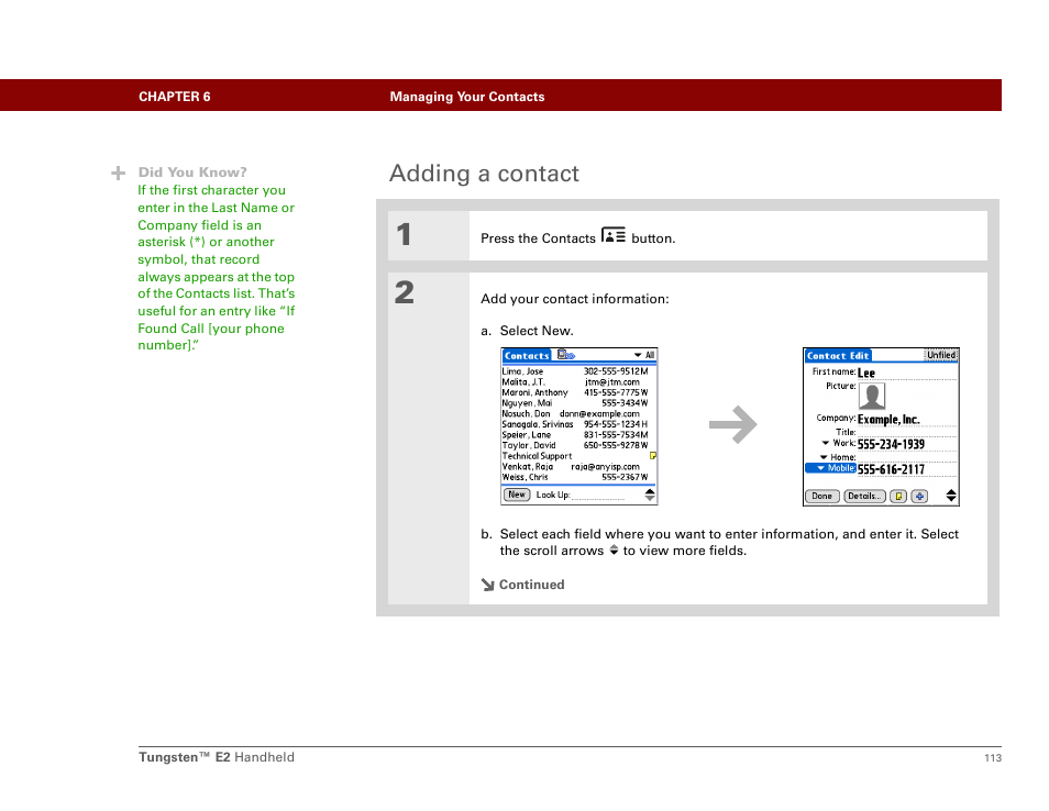 Adding a contact | Palm E2 User Manual | Page 134 / 653