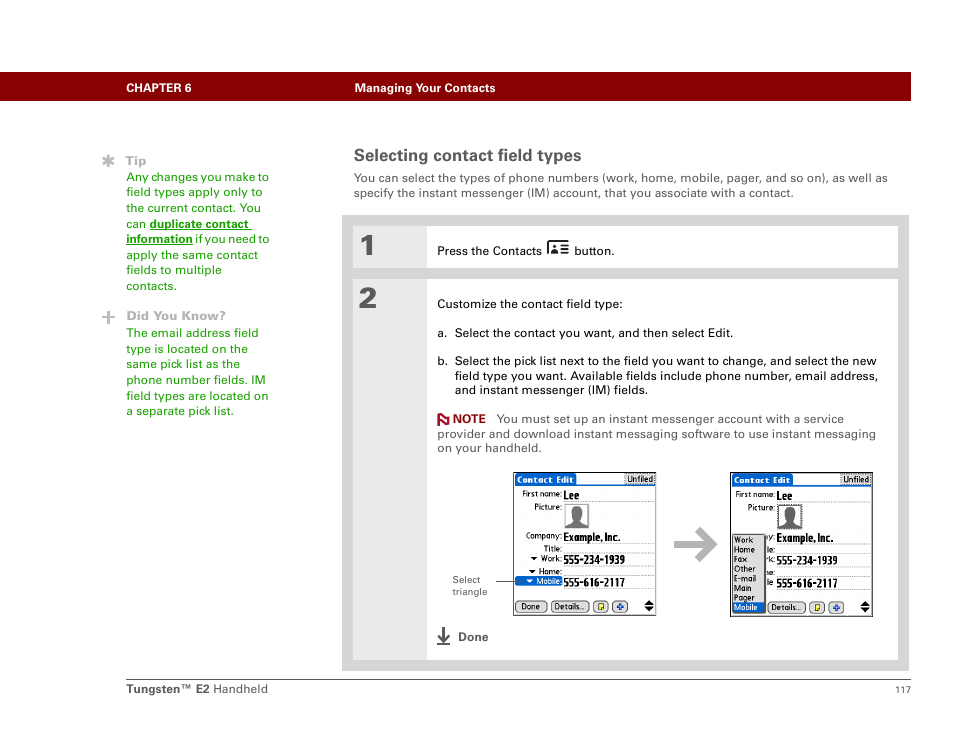 Selecting contact field types | Palm E2 User Manual | Page 138 / 653