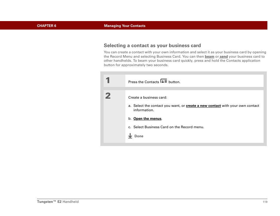 Selecting a contact as your business card | Palm E2 User Manual | Page 140 / 653