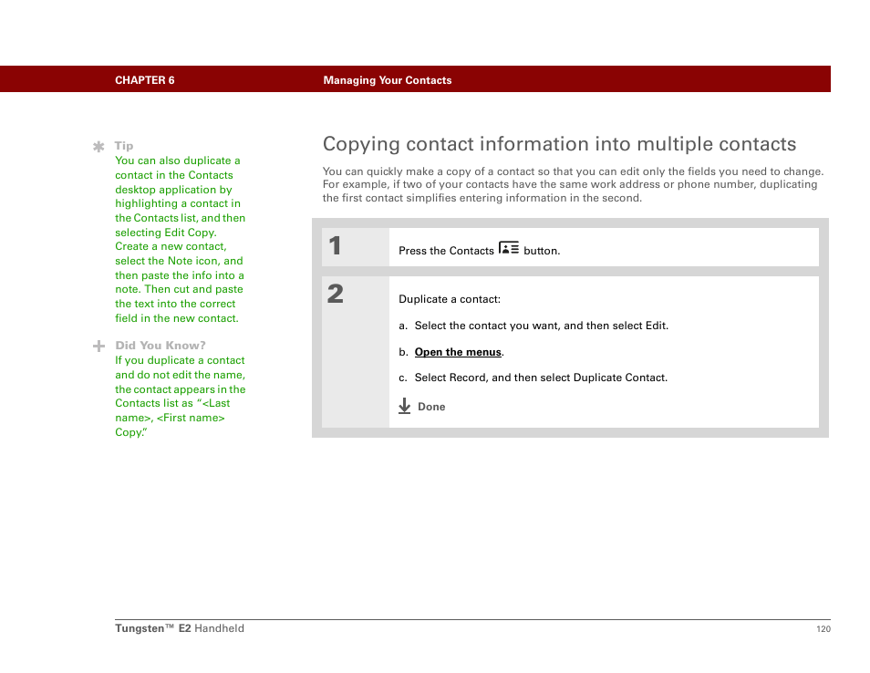 Copying contact information into multiple contacts | Palm E2 User Manual | Page 141 / 653