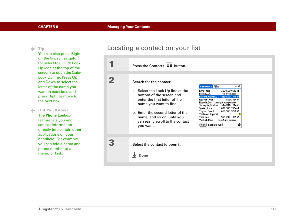 Locating a contact on your list | Palm E2 User Manual | Page 142 / 653