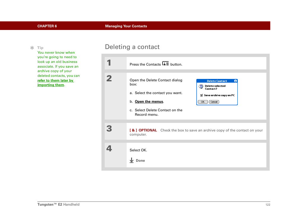 Deleting a contact | Palm E2 User Manual | Page 143 / 653