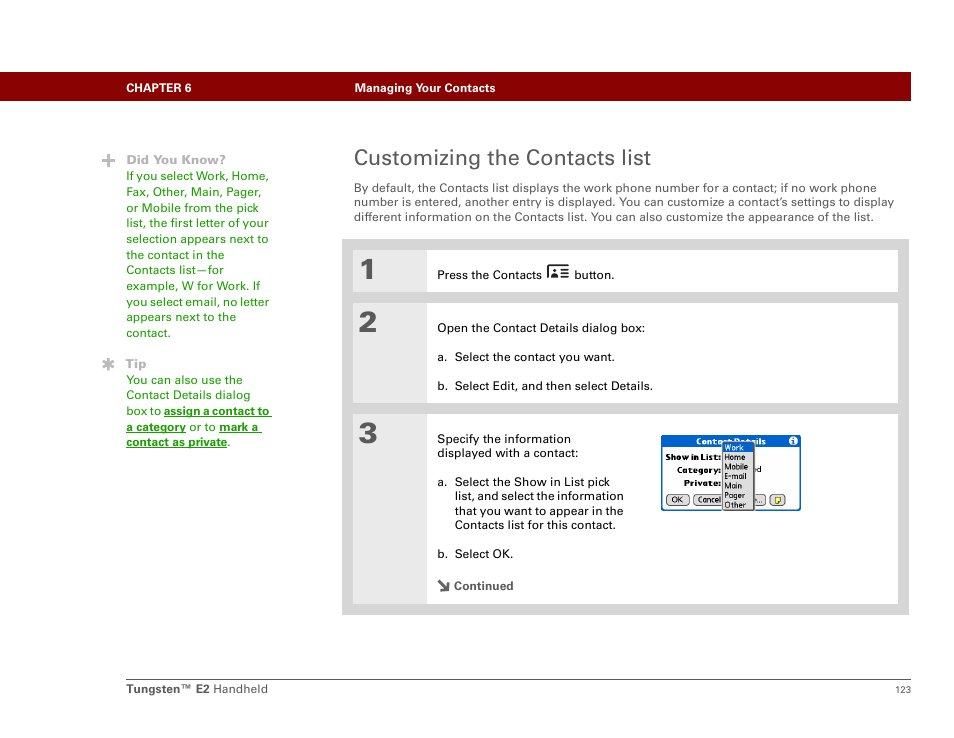 Customizing the contacts list | Palm E2 User Manual | Page 144 / 653