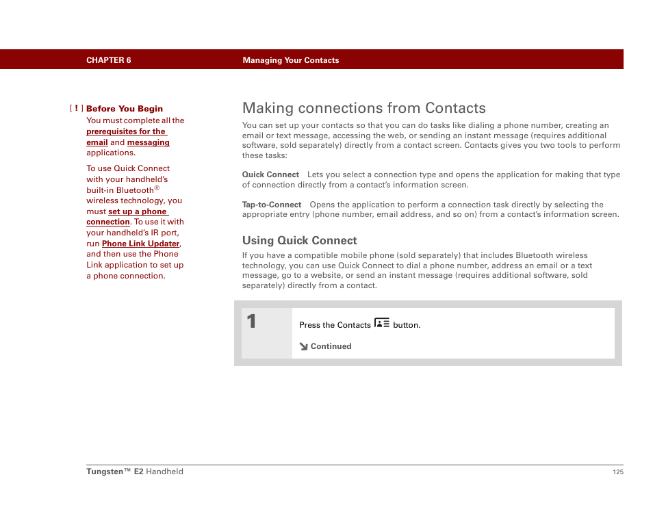 Making connections from contacts, Using quick connect | Palm E2 User Manual | Page 146 / 653