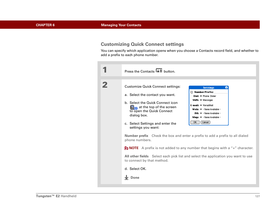 Customizing quick connect settings | Palm E2 User Manual | Page 148 / 653
