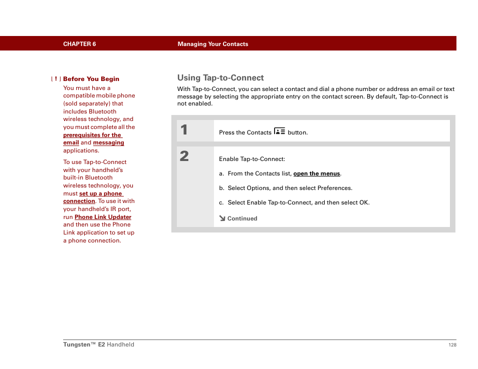 Using tap-to-connect | Palm E2 User Manual | Page 149 / 653