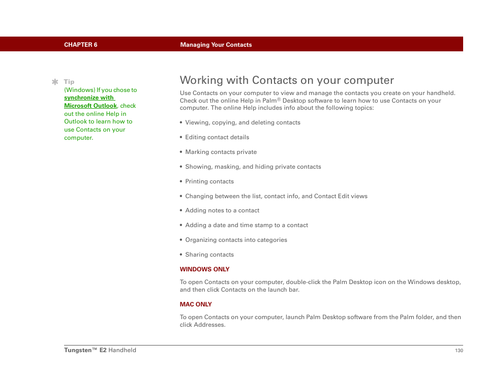 Working with contacts on your computer | Palm E2 User Manual | Page 151 / 653