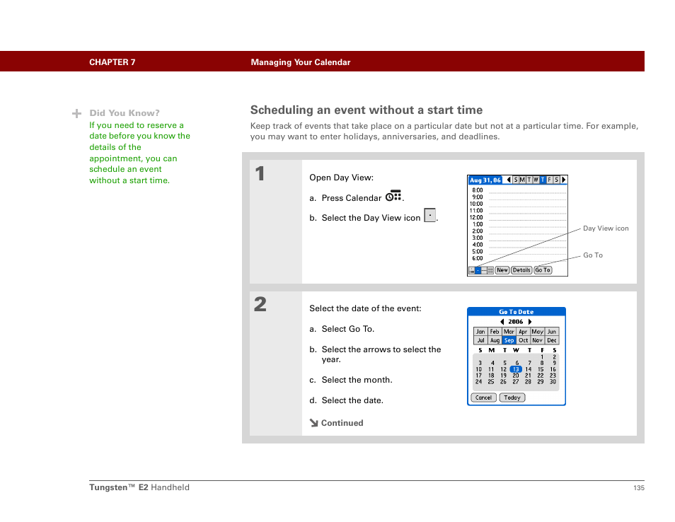 Scheduling an event without a start time | Palm E2 User Manual | Page 156 / 653
