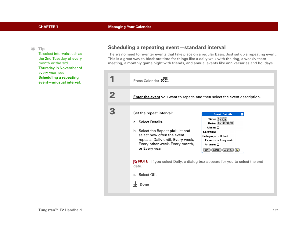 Scheduling a repeating event-standard interval, Scheduling a repeating event—standard interval | Palm E2 User Manual | Page 158 / 653