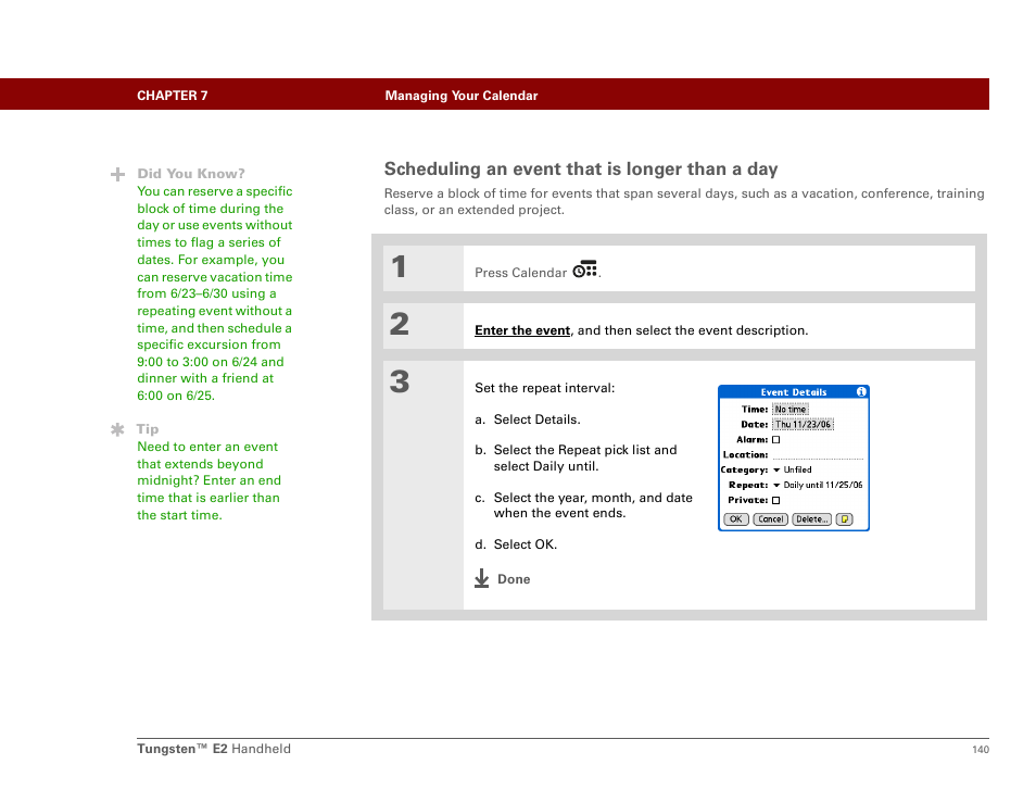 Scheduling an event that is longer than a day | Palm E2 User Manual | Page 161 / 653