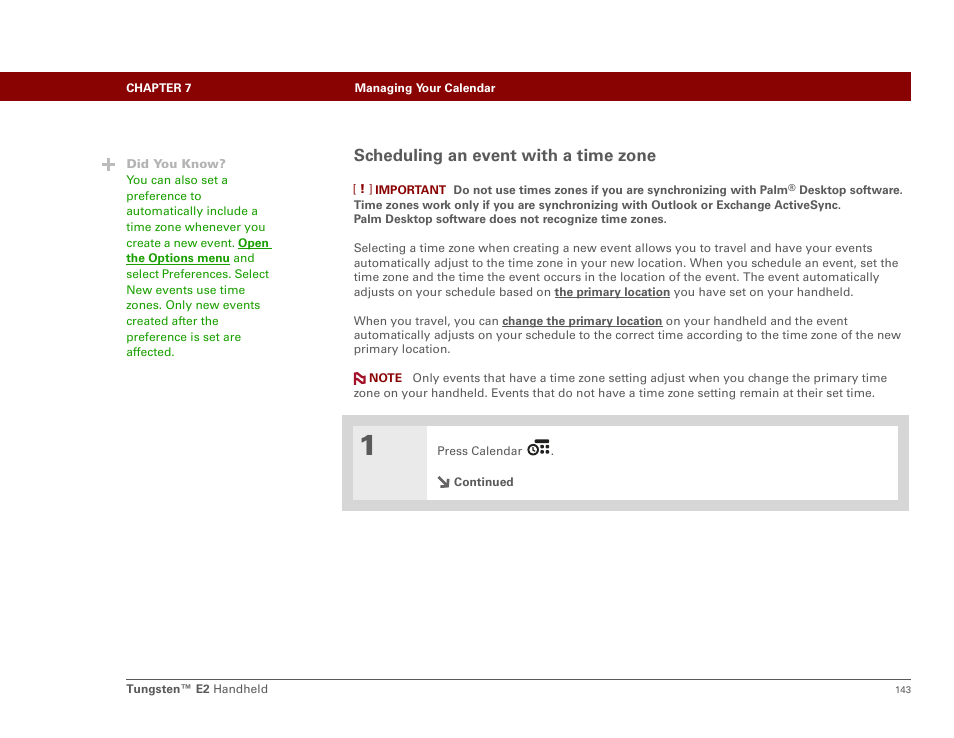 Scheduling an event with a time zone, Select a time zone | Palm E2 User Manual | Page 164 / 653