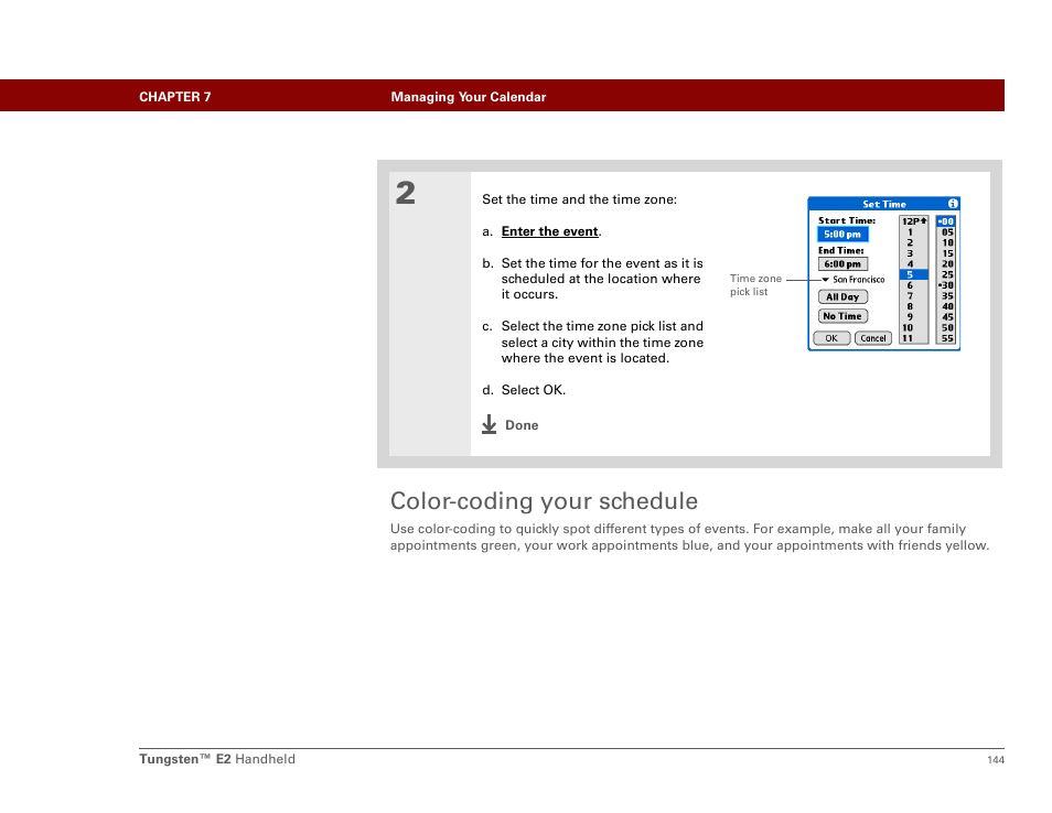 Color-coding your schedule, Color-code your calendar | Palm E2 User Manual | Page 165 / 653