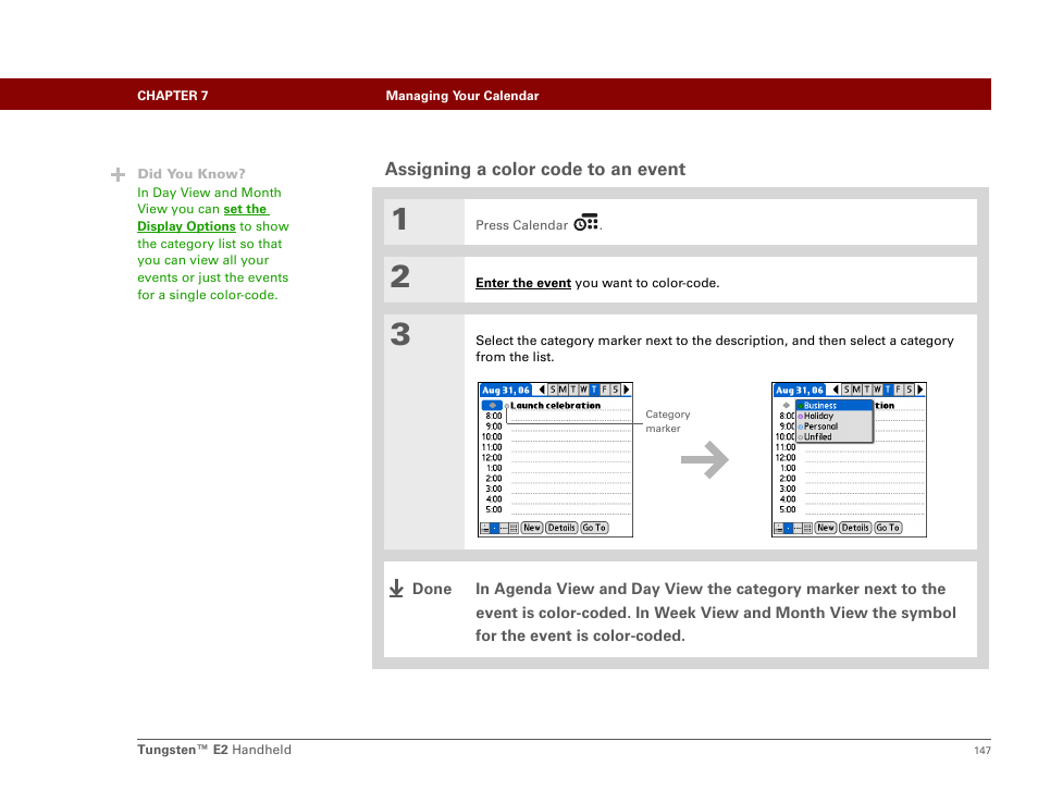 Assigning a color code to an event | Palm E2 User Manual | Page 168 / 653