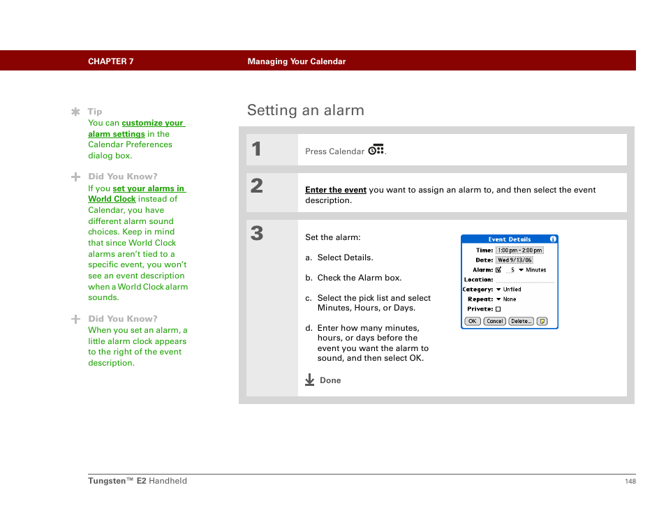 Setting an alarm | Palm E2 User Manual | Page 169 / 653