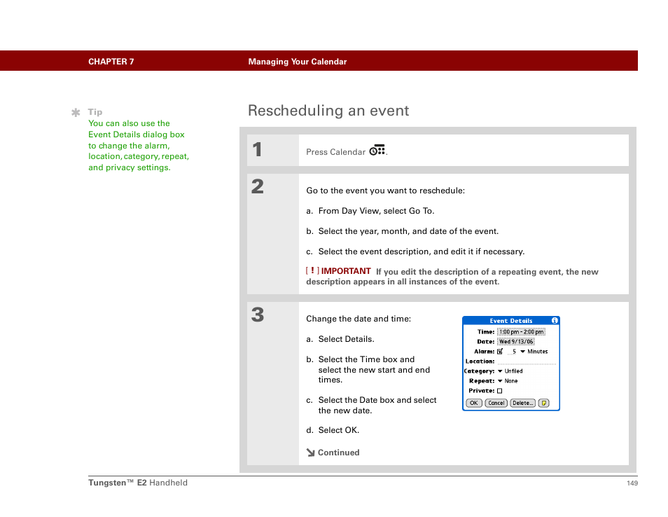 Rescheduling an event | Palm E2 User Manual | Page 170 / 653