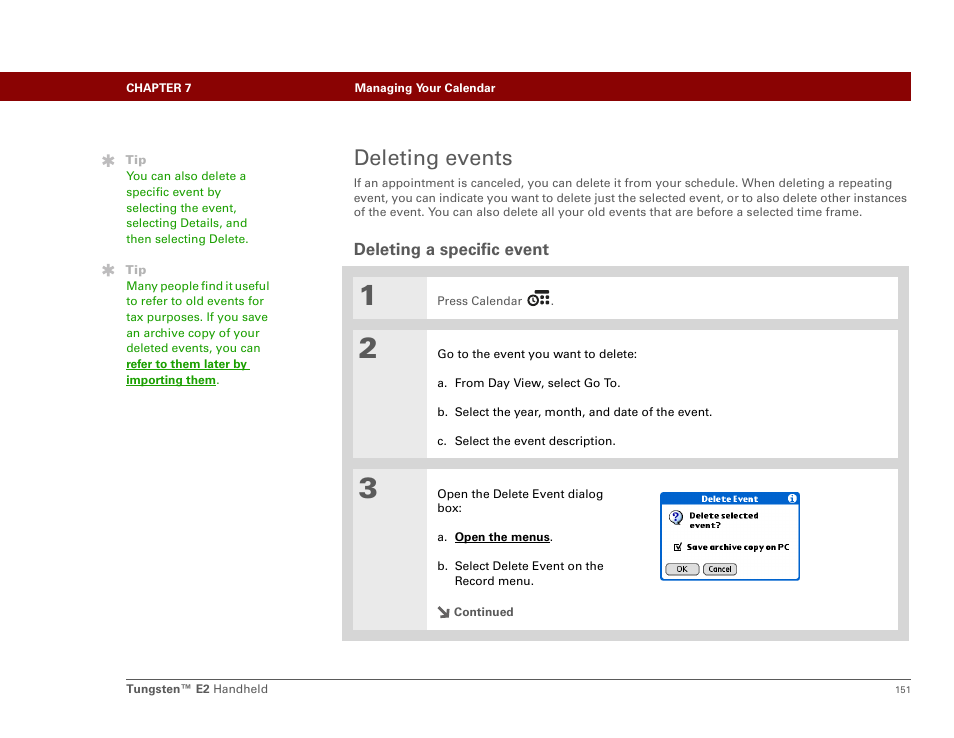 Deleting events, Deleting a specific event | Palm E2 User Manual | Page 172 / 653