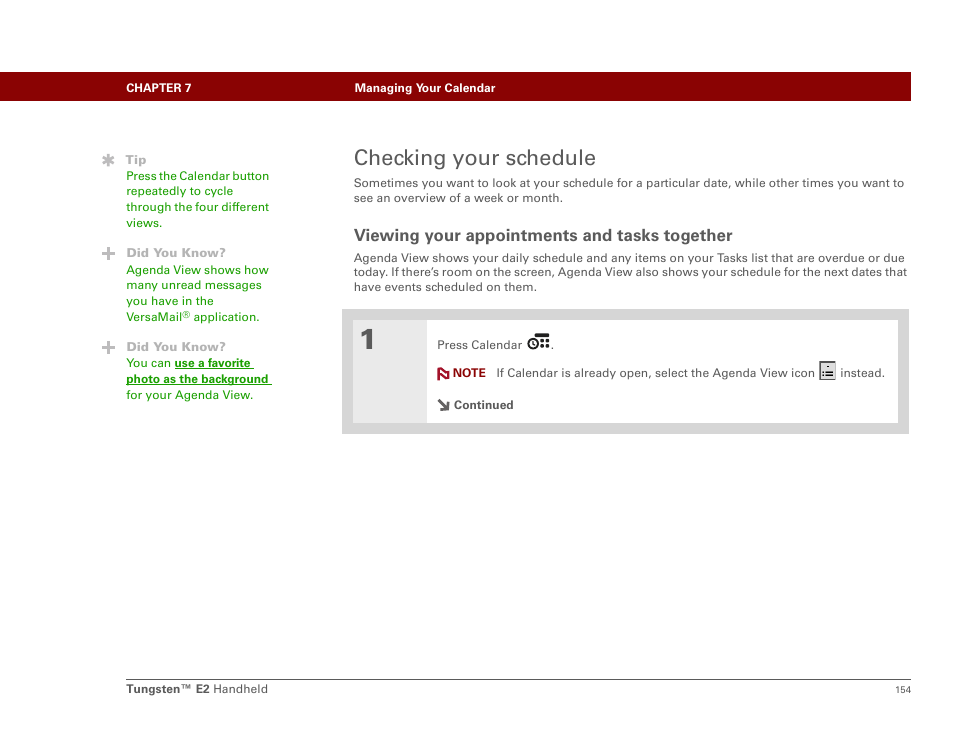 Checking your schedule, Viewing your appointments and tasks together | Palm E2 User Manual | Page 175 / 653