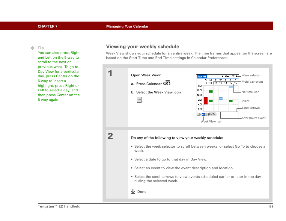 Viewing your weekly schedule | Palm E2 User Manual | Page 179 / 653