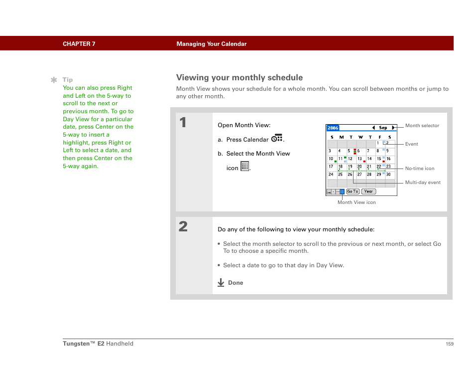 Viewing your monthly schedule | Palm E2 User Manual | Page 180 / 653