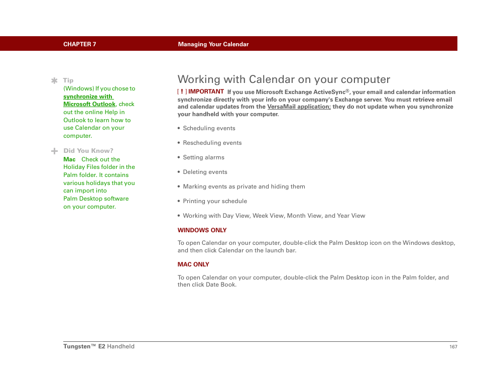 Working with calendar on your computer | Palm E2 User Manual | Page 188 / 653