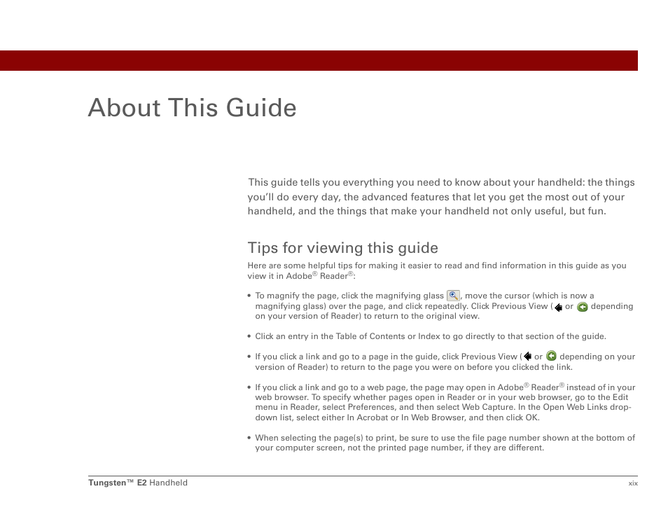 About this guide, Tips for viewing this guide | Palm E2 User Manual | Page 19 / 653