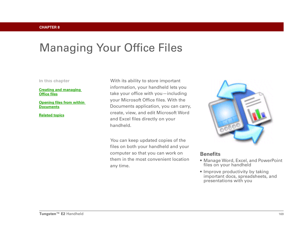 Managing your office files, Chapter 8: managing your office files, Documents ap | Palm E2 User Manual | Page 190 / 653